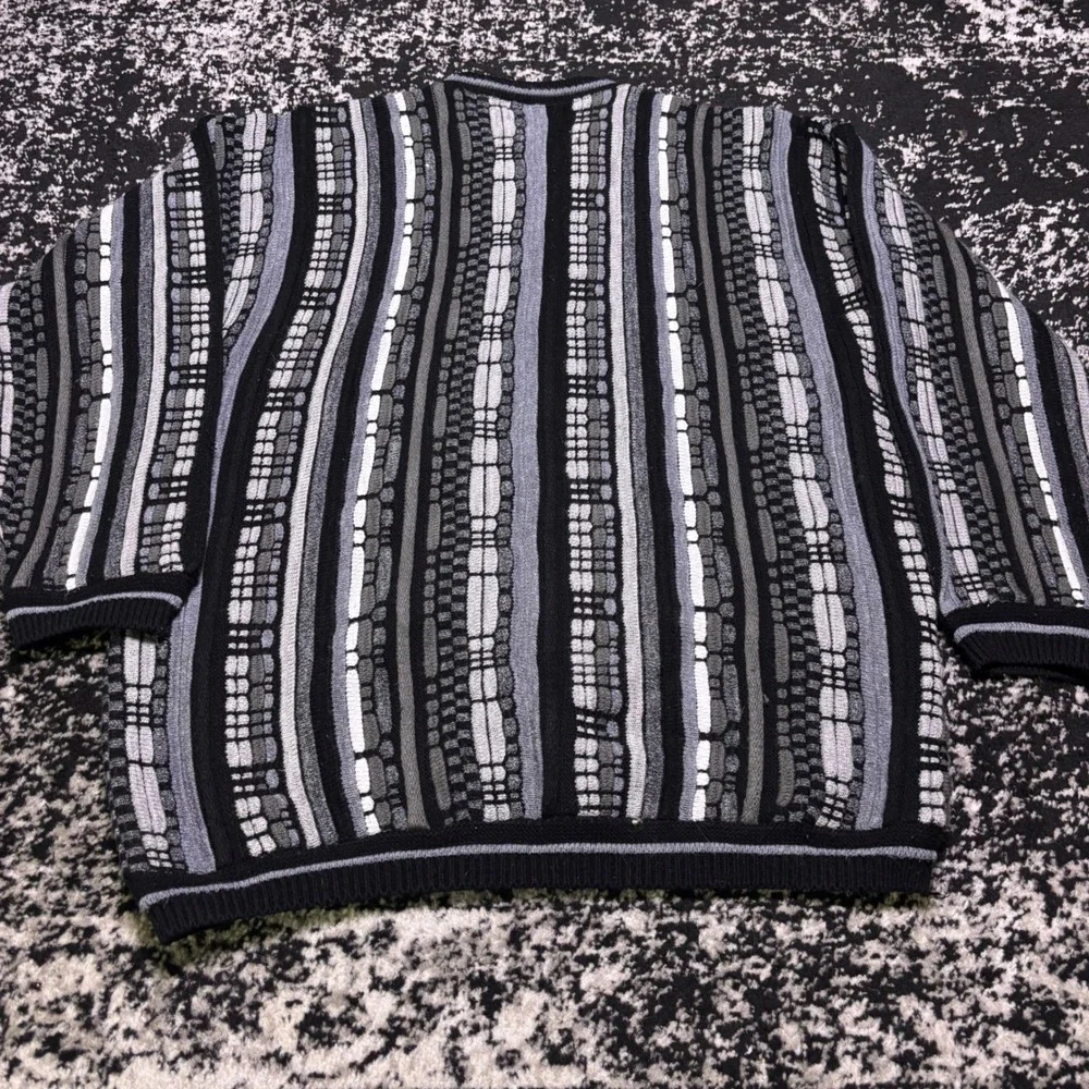 Vintage Megalos 3D Textured Knit Sweater Mens Black Grey Vertical Stripe XXL